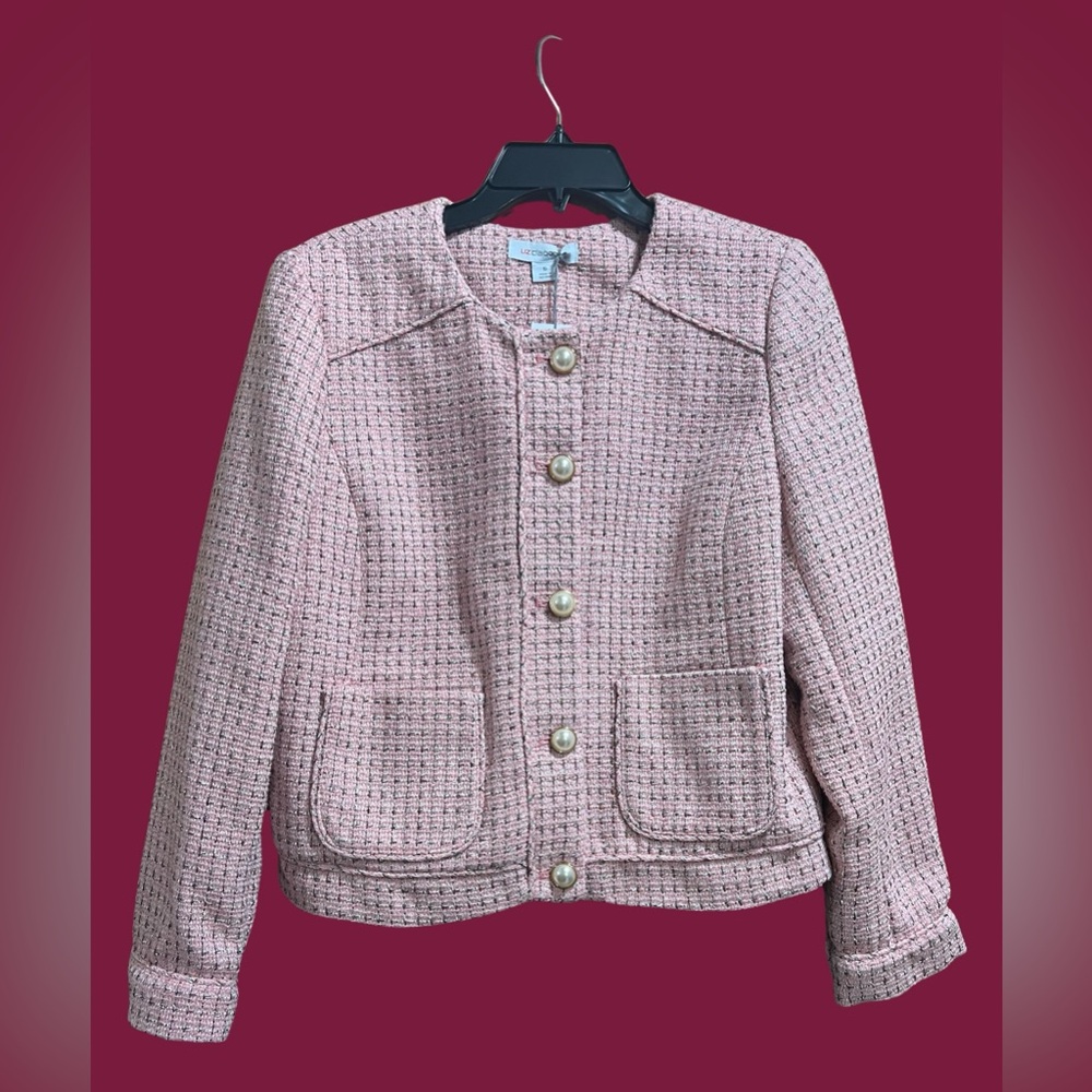 NEW Liz Claiborne Pink Tweed Stylish Women's Jacket with Gold Buttons. Size 6.